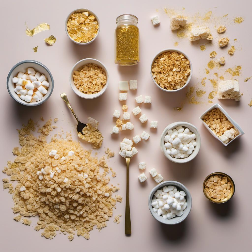 Items needed to answer the question, How do I create magical Golden Rice Krispie Treats. Items include:  Rice Krispies cereal  Mini marshmallows  Unsalted butter  Vanilla extract  Edible gold dust