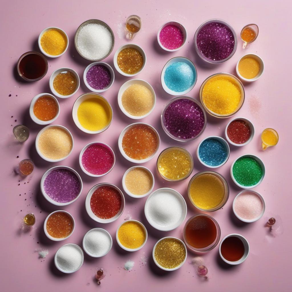 Items needed to answer the question, How do I make Faerie Floss with Glittery Dust. Items include:  Granulated sugar  Corn syrup  Water  Edible glitter  Sugar  Flavored extract  Food coloring