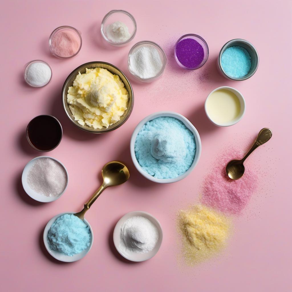 Items needed to answer the question, How do I bake Glittery Dust cookies with Faerie Floss. Items include:  Butter  Sugar  Fairy Dust  Faerie Floss  Vanilla Extract  All-Purpose Flour  Baking Powder  Edible Glitter