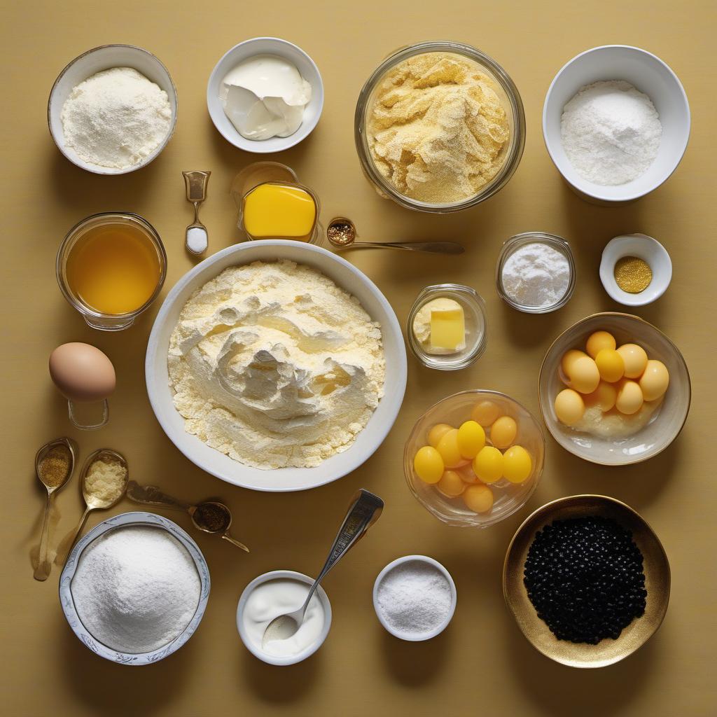 Items needed to answer the question, How do I serve gold leaf caviar blinis. Items include:  All-Purpose Flour  Baking Powder  Salt  Sugar  Milk  Egg  Butter or Cooking Spray  Crème Fraîche or Sour Cream  Caviar  Gold Leaf