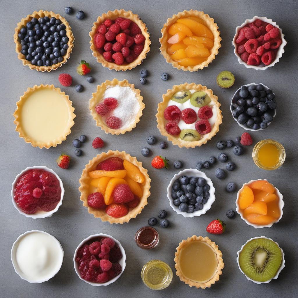 Items needed to answer the question, How do I make Crown Jewel Fruit Tarts. Items include:  Tart shells  Granulated sugar  All-purpose flour  Salt  Whole milk  Vanilla extract  Assorted fruits  Apricot preserves
