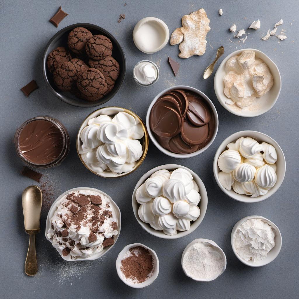 Items needed to answer the question, How do I turn ordinary meringues into enchanting Moonlit Mushroom creations. Items include:  Meringue mixture  Melted chocolate  Crushed cookies  Edible shimmer or luster dust