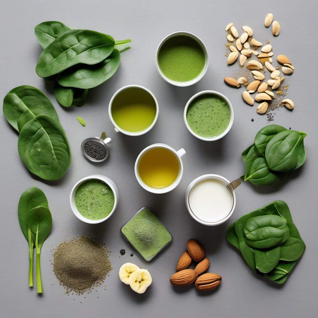 Items needed to answer the question, How do I make Forest Fern Green Tea smoothie. Items include:  Fresh spinach  Ripe banana  Chia seeds  Honey  Almond milk  Matcha green tea powder  Ice cubes