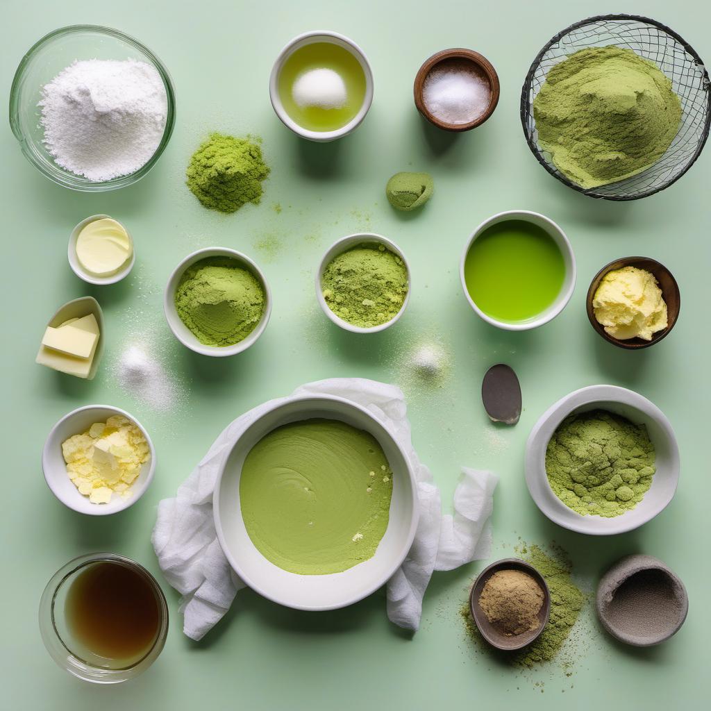 Items needed to answer the question, How do I bake Forest Fern Green Tea cookies. Items include:  Butter  Granulated sugar  Eggs  Vanilla extract  All-purpose flour  Matcha green tea powder  Baking powder  Salt  Fairy dust