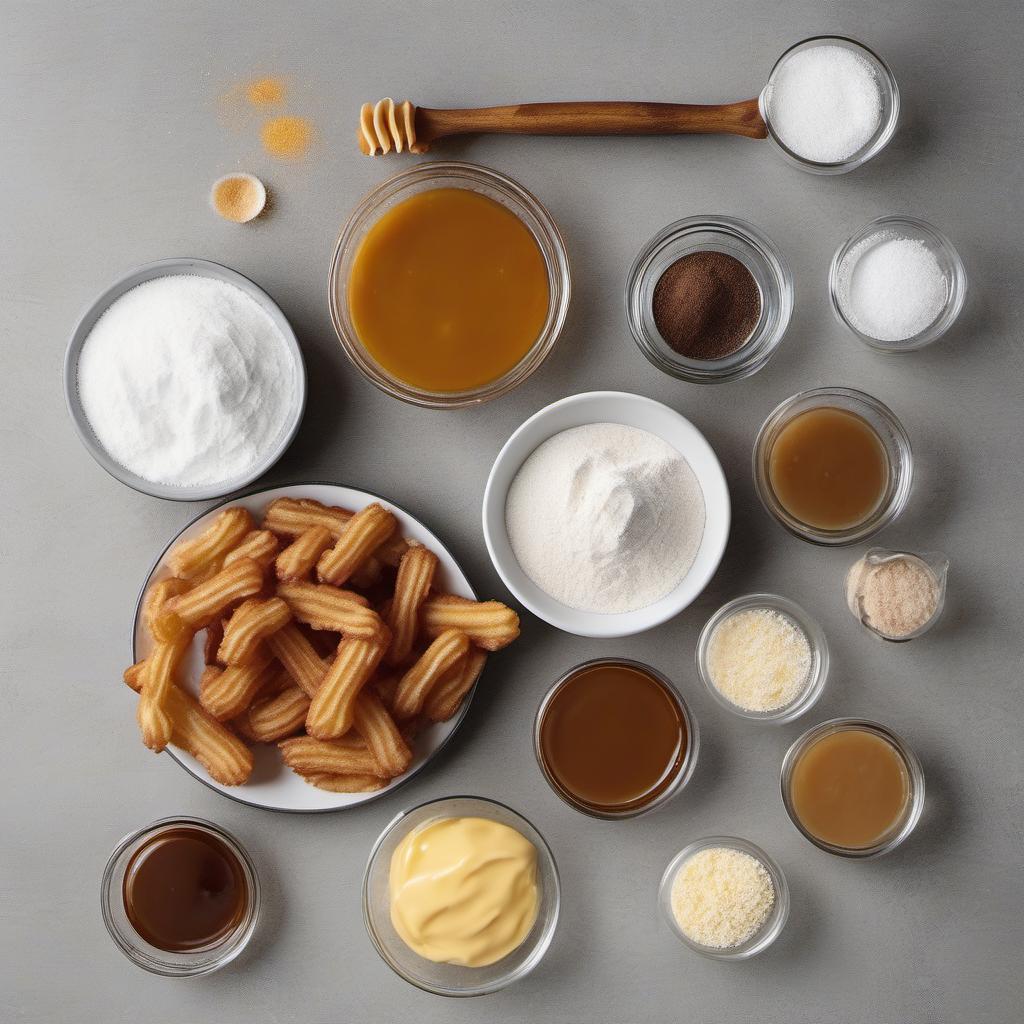 Items needed to answer the question, How do I master the art of Centaur Caramel Churros. Items include:  All-purpose flour  Granulated sugar  Salt  Water  Unsalted butter  Vegetable oil  Centaur Caramel sauce  Powdered sugar