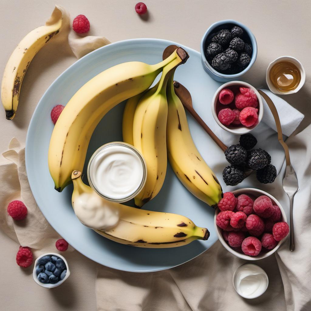 Items needed to answer the question, How do I conjure a Magical Unicorn Smoothie. Items include:  banana  frozen berries  Greek yogurt  honey