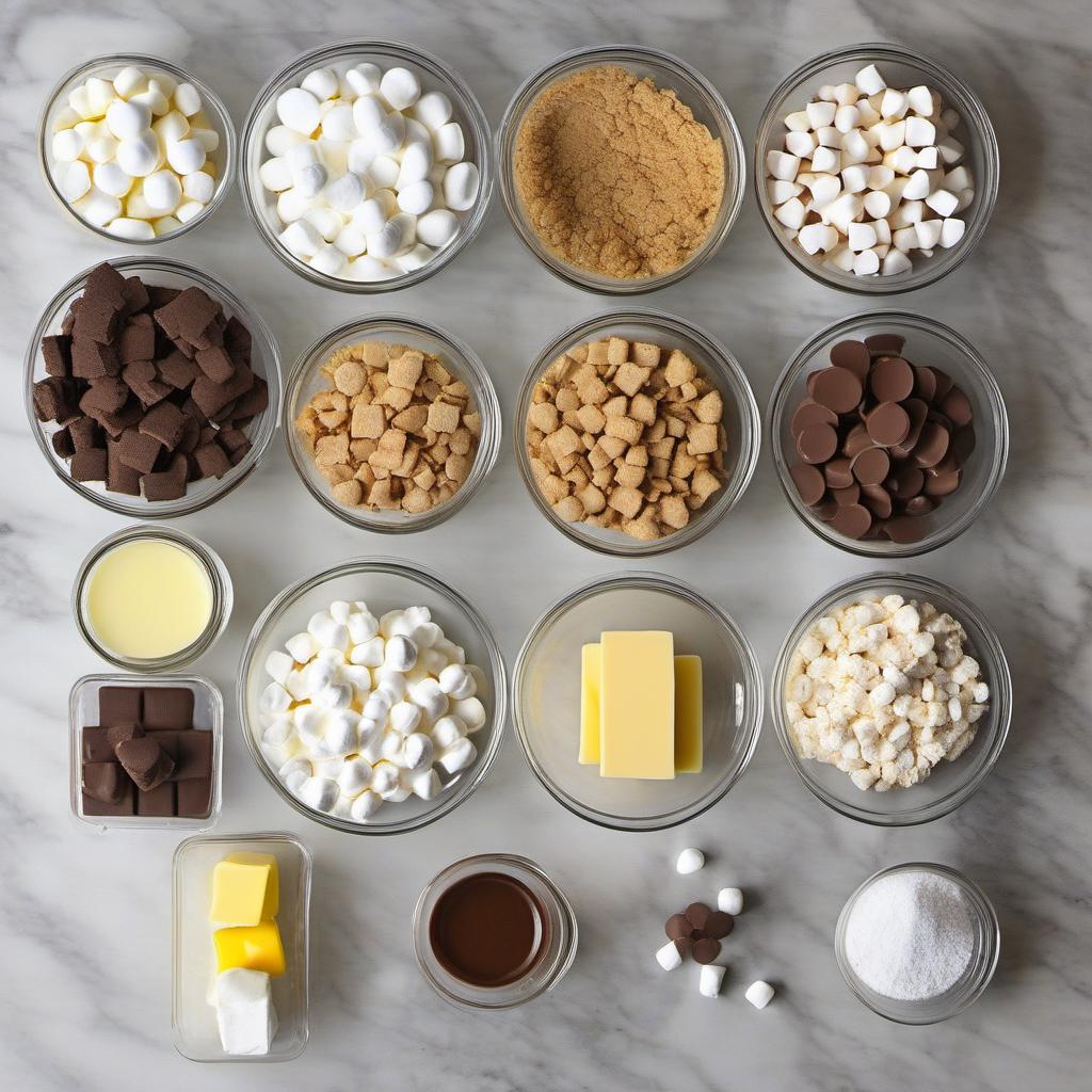 Items needed to answer the question, How do I make Spellbook Smores Cookies. Items include:  graham cracker crumbs  all-purpose flour  baking powder  salt  unsalted butter  granulated sugar  light brown sugar  eggs  vanilla extract  chocolate chips  mini marshmallows  powdered sugar