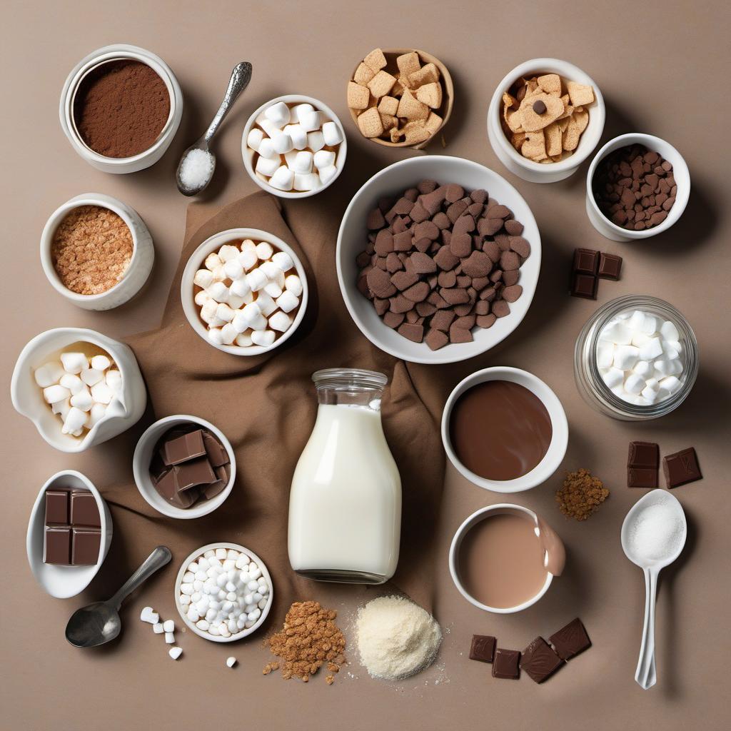 Items needed to answer the question, How do I brew Spellbook Smores Hot Chocolate. Items include:  Milk  Cocoa powder  Granulated sugar  Salt  Vanilla extract  Mini marshmallows  Graham cracker crumbs  Semisweet chocolate chips