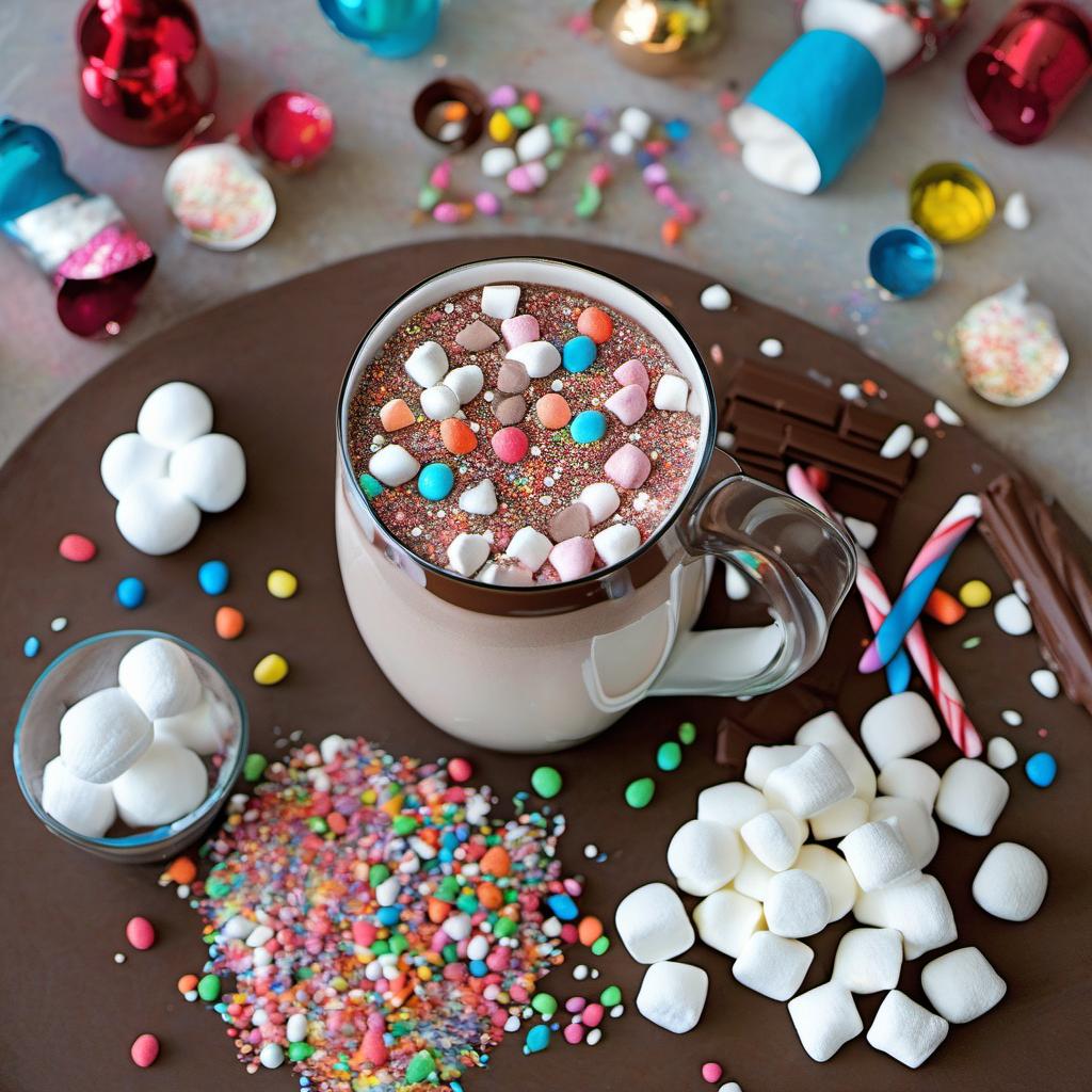 Items needed to answer the question, How do I create a mesmerizing Hex Hexed Hot Chocolate presentation. Items include:  Hot chocolate mix or cocoa powder  Milk  Sugar  Heavy cream  Powdered sugar  Vanilla extract  Food coloring  Colorful sprinkles  Melted chocolate  Jumbo marshmallows  Long stick or fancy wand  Love and a pinch of magic