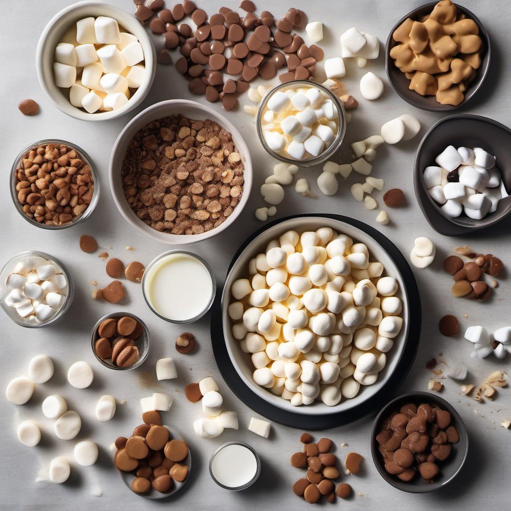 Items needed to answer the question, How do I make Nightmare Nougat Bars. Items include:  white chocolate chips  mini marshmallows  chopped nuts  caramel sauce  heavy cream  sugar  chocolate cookies