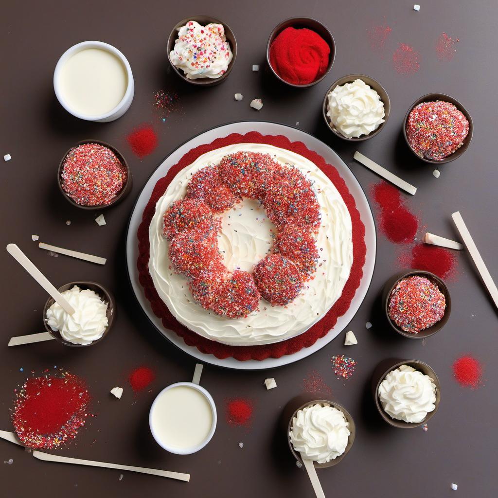 Items needed to answer the question, How do I make Visionary Velvet Cake pops. Items include:  Red Velvet Cake Mix  Cream Cheese Frosting  Chocolate  Lollipop Sticks  Sprinkles