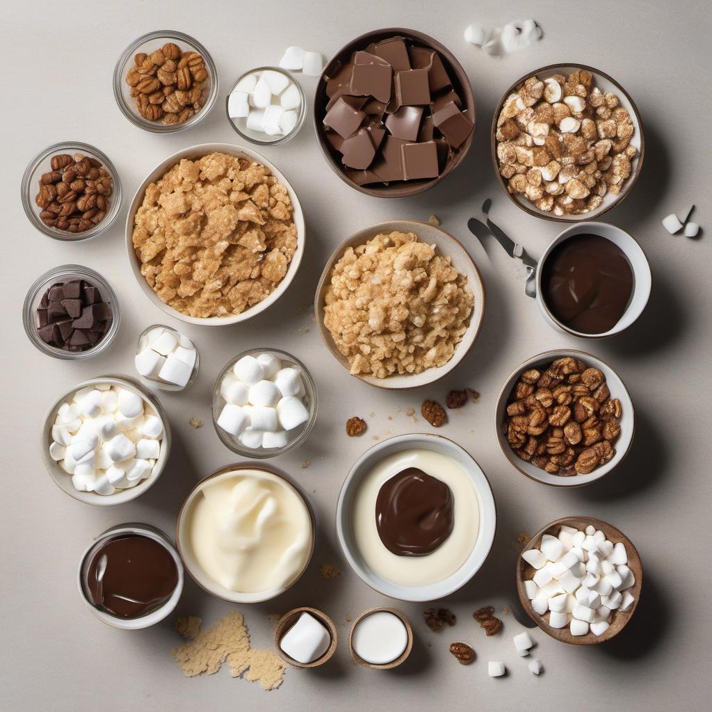 Items needed to answer the question, How do I make Mystic Marshmallow Magic Bars. Items include:  Graham Cracker Crumbs  Butter  Shredded Coconut  Chocolate Chips  Chopped Walnuts  Mini Marshmallows  Sweetened Condensed Milk