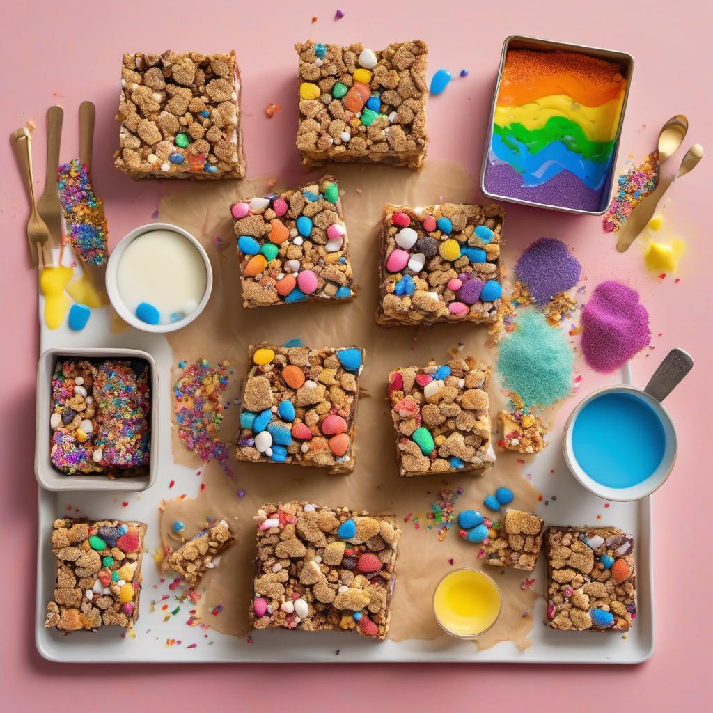 Items needed to answer the question, How do I transform Mystic Marshmallow Magic Bars into a whimsical dessert. Items include:  Mystic Marshmallow Magic Bars  Graham cracker crumbs  Butter (melted)  Sweetened condensed milk  Rainbow-colored food gel  Magical toppings (e.g., crushed candies, sprinkles, edible glitter)  Powdered sugar  Milk  Food coloring