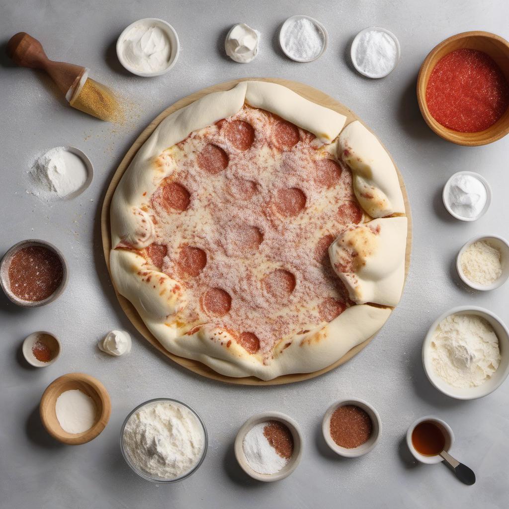 Items needed to answer the question, How do I make Dreamcatcher Dusted Dessert Pizza. Items include:  Pizza Dough  Cream Cheese  Powdered Sugar  Vanilla Extract  Toppings  Edible Glitter or Powdered Sugar