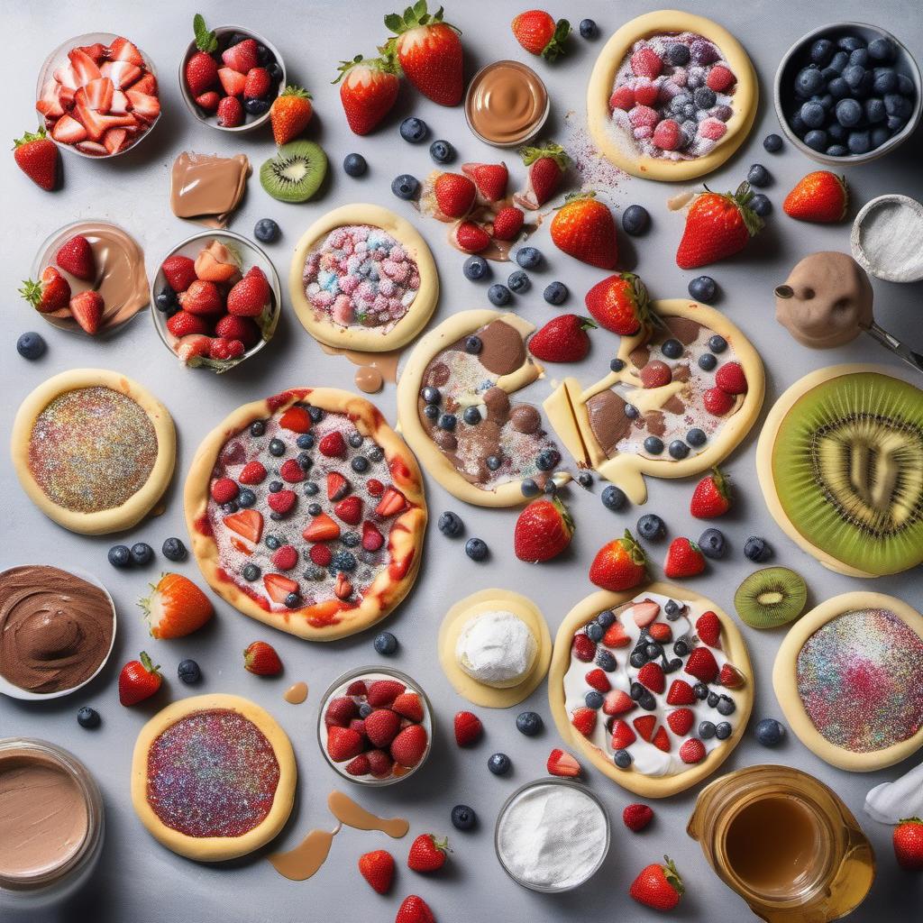 Items needed to answer the question, How do I create a fun twist on Dreamcatcher Dusted Dessert Pizzas. Items include:  Pizza Dough  Powdered Sugar  Edible Glitter  Magic (optional)  Fresh Fruits (e.g., strawberries, blueberries, kiwi)  Melted Chocolate or Caramel Sauce