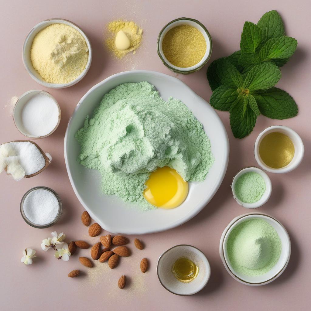 Items needed to answer the question, How do I impress with Medusa Mint Macaroons. Items include:  Almond flour  Powdered sugar  Egg whites  Granulated sugar  Unsalted butter  Peppermint extract  Green food coloring  Edible gold dust