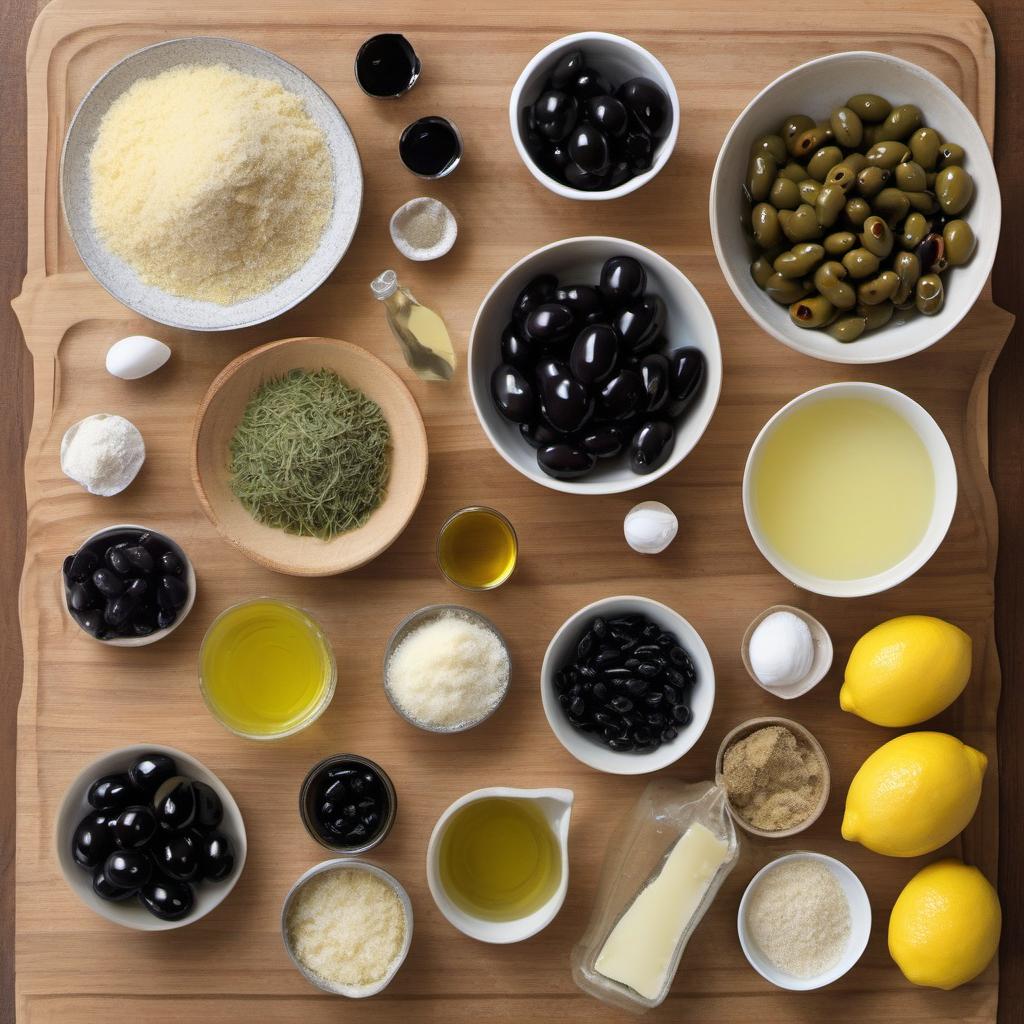 Items needed to answer the question, How do I make Oracle Olive Tapenade Pizza. Items include:  Black Olives  Garlic  Capers  Lemon Juice  Olive Oil  All-Purpose Flour  Instant Yeast  Salt  Sugar  Warm Water  Grated Parmesan Cheese