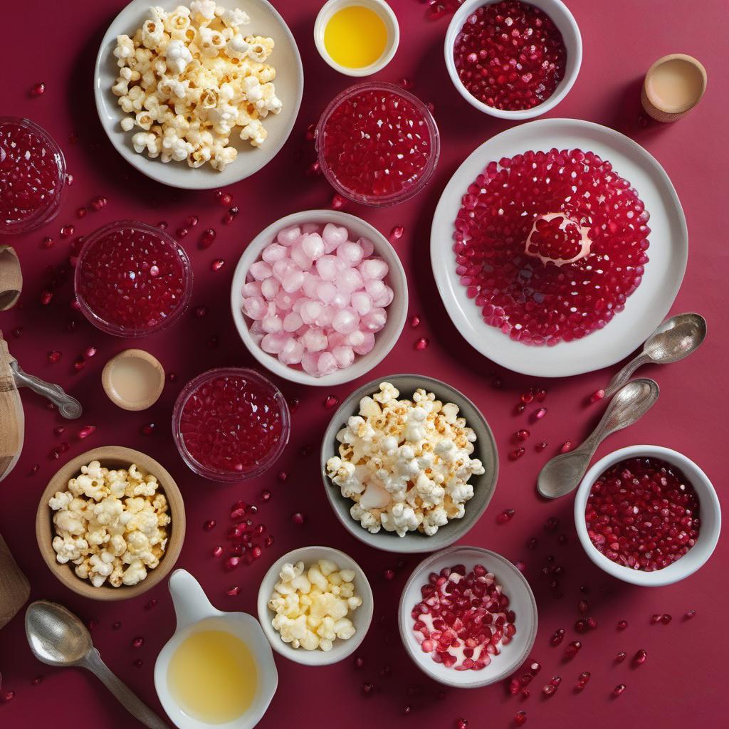 Items needed to answer the question, How do I craft Prophecy Pomegranate Popcorn. Items include:  Pomegranate seeds  Popped popcorn  Granulated sugar  Butter  Pomegranate juice  Corn syrup  Salt  Baking soda