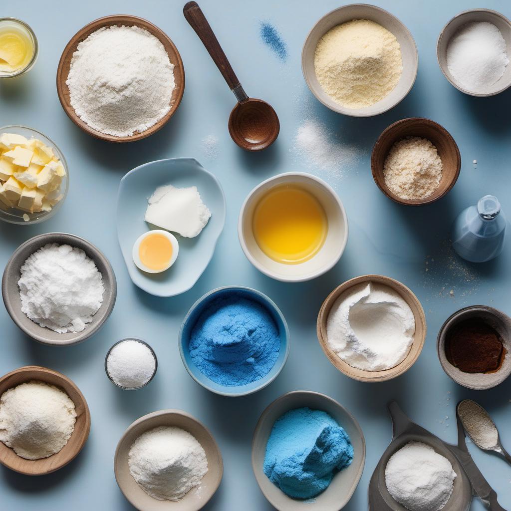 Items needed to answer the question, How do I make Water Elemental Wafers sea salt and blue hues. Items include:  All-purpose flour  Sea salt  Unsalted butter  Granulated sugar  Egg  Vanilla extract  Blue food coloring  Sparkling sugar