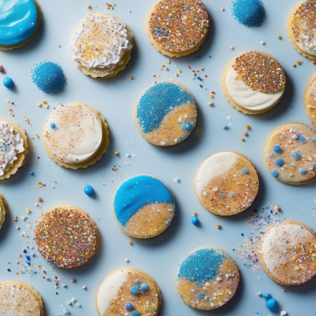 Items needed to answer the question, How do I create a whimsical Water Elemental Wafer dessert platter sea salt and blue hues. Items include:  Pack of wafer cookies  Heavy cream  Powdered sugar  Pinch of sea salt  Blue food coloring  Edible glitter  Colorful sprinkle decorations