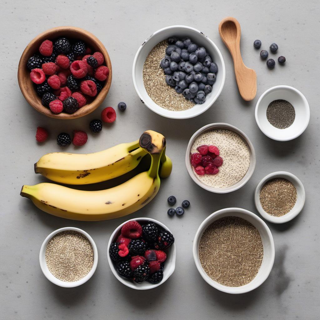 Items needed to answer the question, How do I create Sleepwalkers Seed Mix smoothie bowls. Items include:  Ripe banana  Frozen mixed berries  Chia seeds  Flax seeds  Hemp seeds  Almond milk  Honey or maple syrup