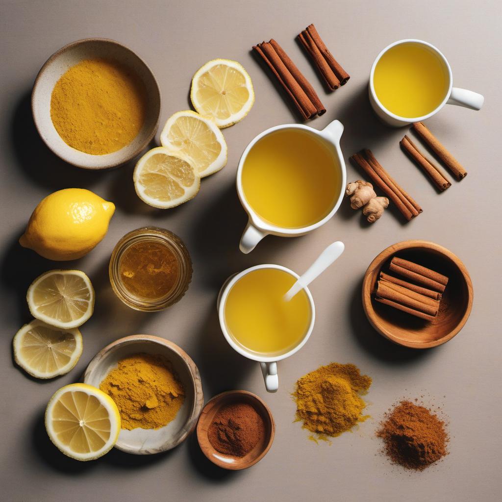 Items needed to answer the question, How Do I Make Golden Slumber Goblets with a Twist. Items include:  Water  Honey  Ground Turmeric  Ground Ginger  Ground Cinnamon  Fresh Lemon Juice