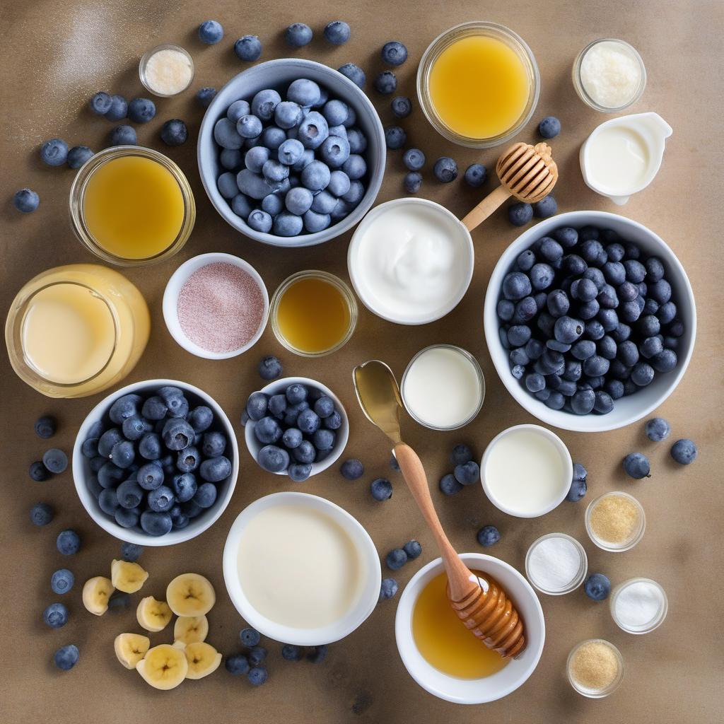 Items needed to answer the question, How do I create a Blueberry Burst Smoothie with Shimmer. Items include:  blueberries  frozen banana  plain yogurt  milk  honey  salt  edible shimmer
