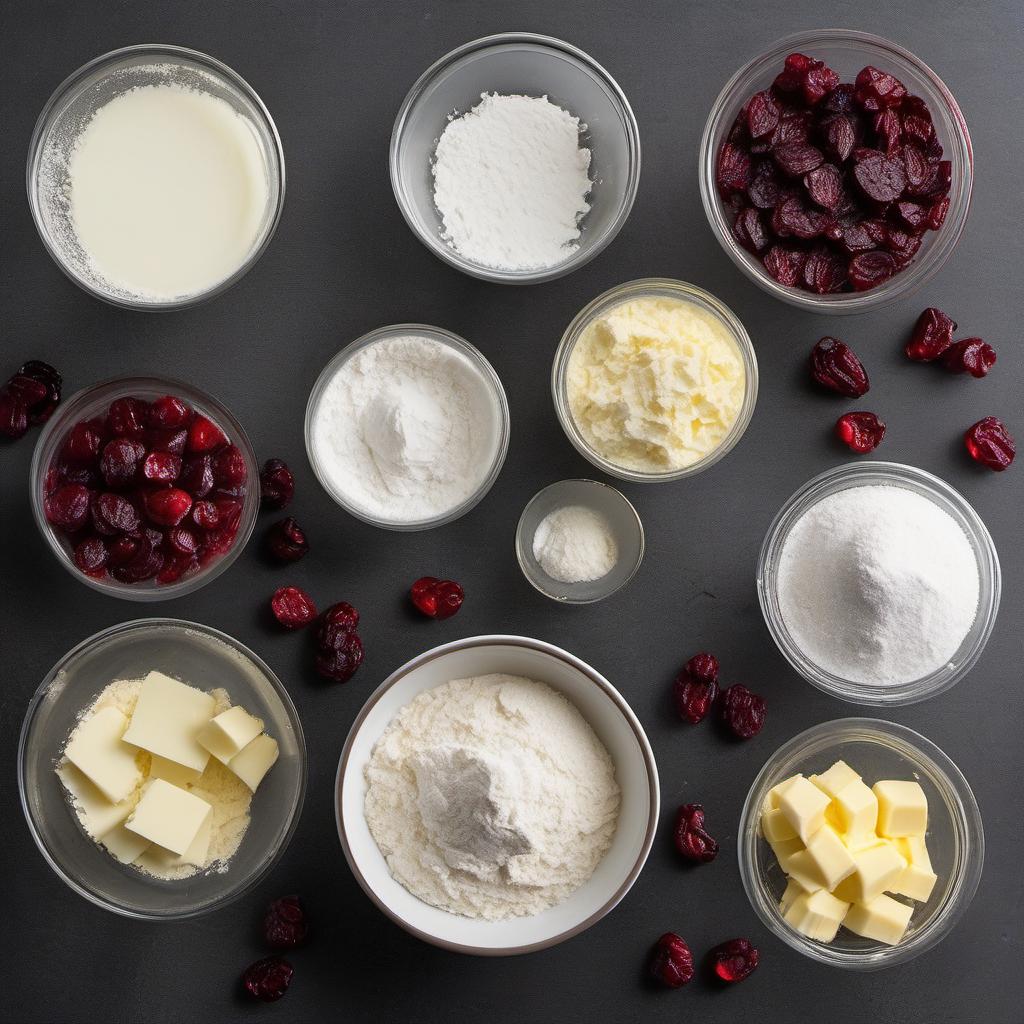 Items needed to answer the question, How do I bake Sunset Savannah Scones. Items include:  all-purpose flour  granulated sugar  baking powder  salt  cold unsalted butter  heavy cream  buttermilk  vanilla extract  dried cranberries  pecans