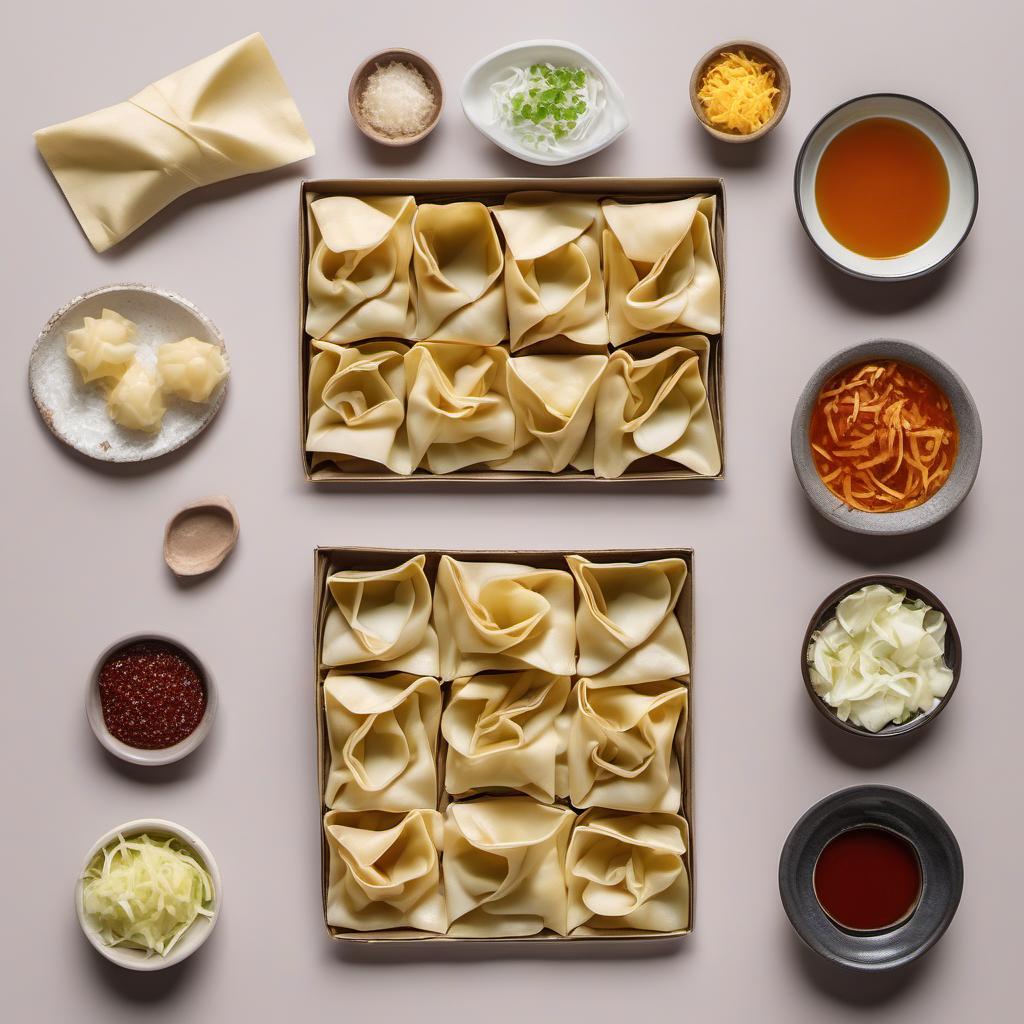 Items needed to answer the question, How do I master the art of folding Whispering Wind Wontons. Items include:  Wonton wrappers  Filling of your choice  Water