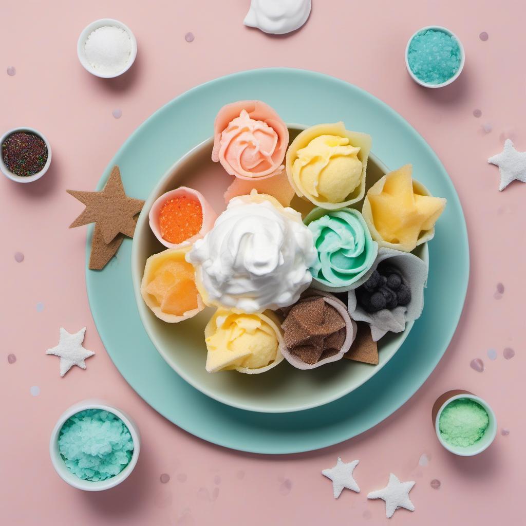 Items needed to answer the question, How do I create Starlit Sea Sorbet ice cream bowls. Items include:  Sea-inspired sorbet  Star-shaped sprinkles  Whipped cream  Sugar cones