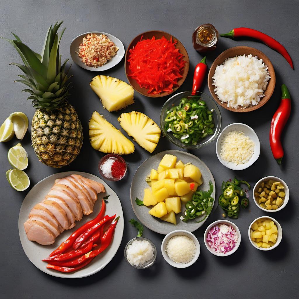 Items needed to answer the question, How do I serve Rustling Rainforest Roulades with a twist. Items include:  Chicken breasts  Pineapple (finely chopped)  Macadamia nuts (crushed)  Red bell pepper (diced)  Jungle magic (sprinkle as needed)  Olive oil  Jalapeños (sliced)  Garlic (minced)  Ginger (grated)