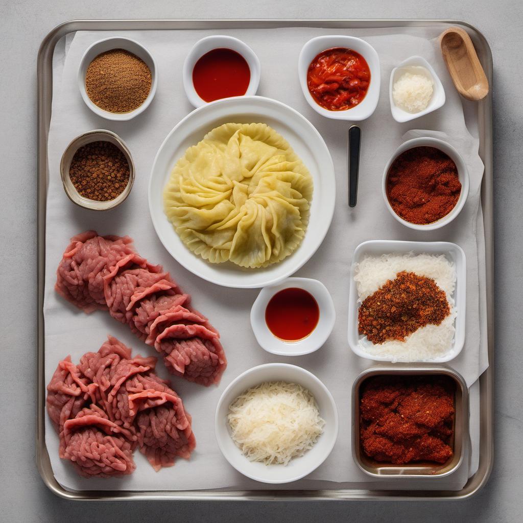 Items needed to answer the question, How do I survive the heat of Dragons Breath Dumplings. Items include:  Ground meat  Chili powder  Cayenne pepper  Crushed red pepper flakes  Salt  Black pepper  Hot sauce  Dumpling wrappers