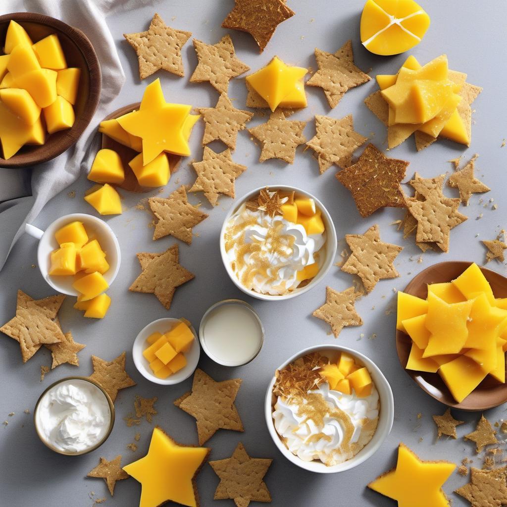 Items needed to answer the question, How do I make Meteorite Mango Mousse Parfaits. Items include:  Whipped Cream  Sweetened Condensed Milk  Mango  Graham Crackers  Edible Star Glitter  Fresh Mango Slices