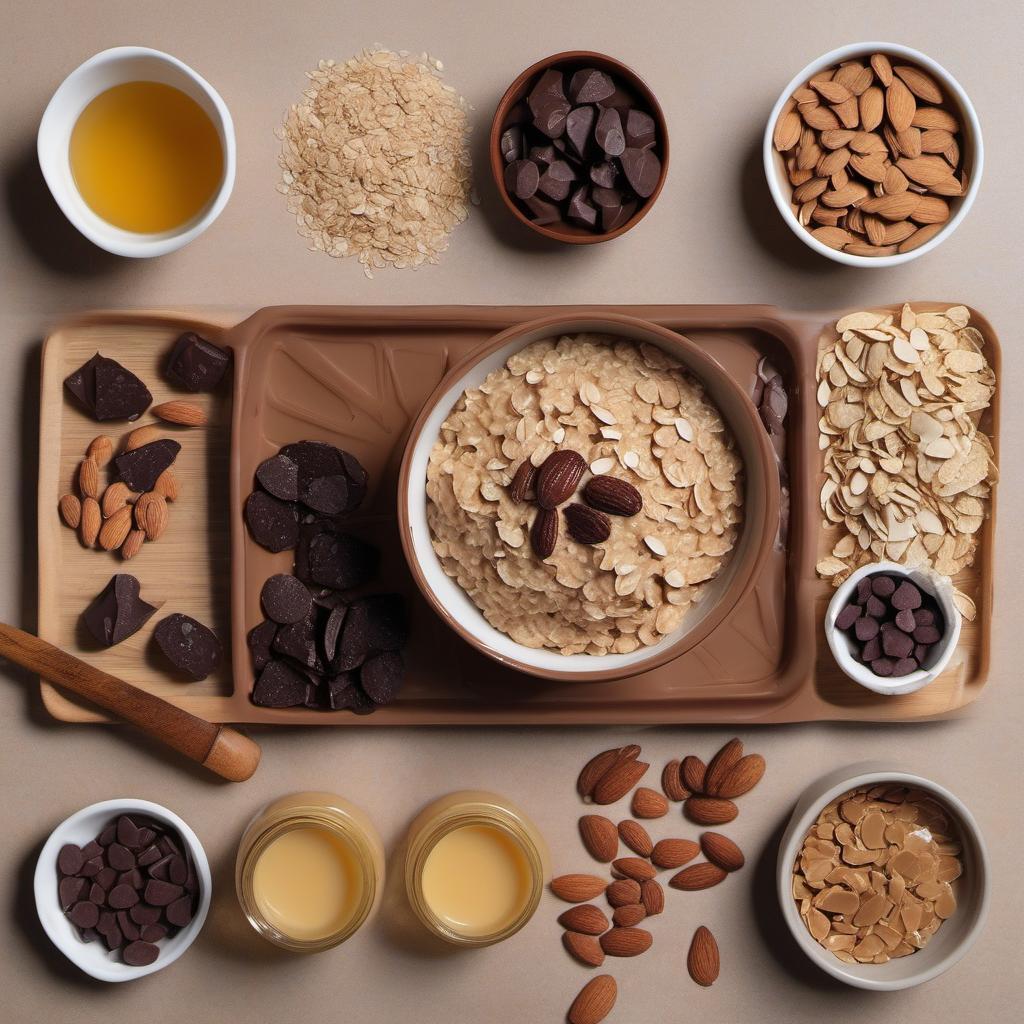 Items needed to answer the question, How do I create magical Alpine Almond Amulet bars. Items include:  Oats  Almond butter  Honey  Sliced almonds  Raisins  Dark chocolate chips  Salt