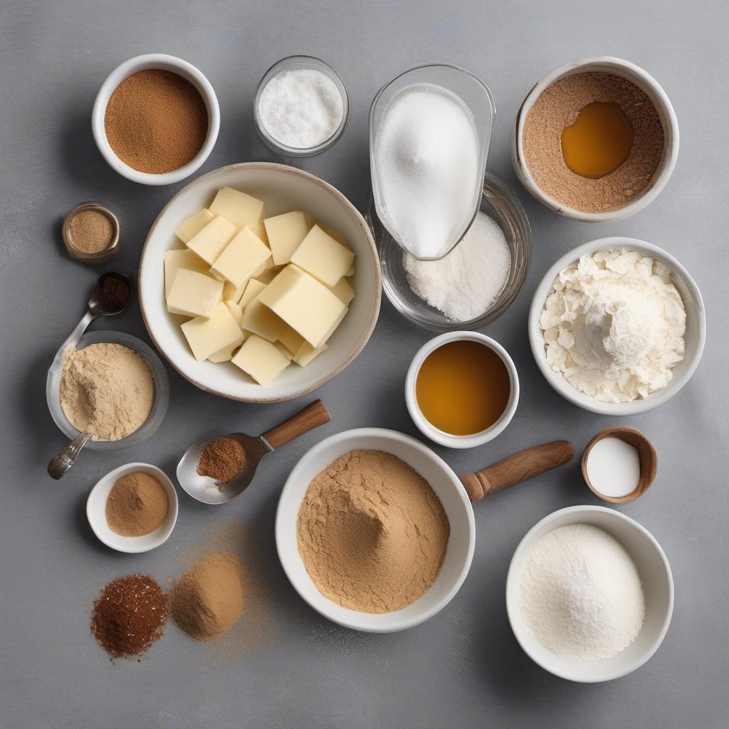 Items needed to answer the question, How do I bake Neptunes Nutmeg Nuggets. Items include:  all-purpose flour  unsalted butter  granulated sugar  brown sugar  ground nutmeg  vanilla extract  salt