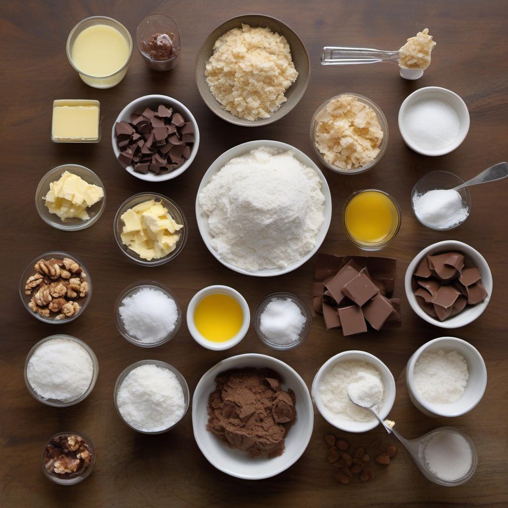 Items needed to answer the question, How do I make Sunken Treasure Tarts. Items include:  All-Purpose Flour  Sugar  Salt  Chilled Butter  Ice Water  Brown Sugar  Melted Butter  Egg  Vanilla Extract  Sea Salt  Chopped Walnuts  Shredded Coconut  Mini Chocolate Chips