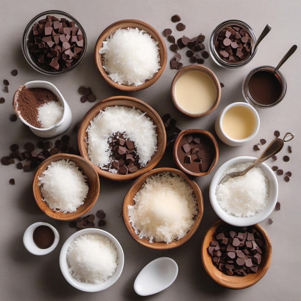 Items needed to answer the question, How do I make mariana macaroons. Items include:  Desiccated Coconut  Condensed Milk  Vanilla Extract  Salt  Dark Chocolate Chips