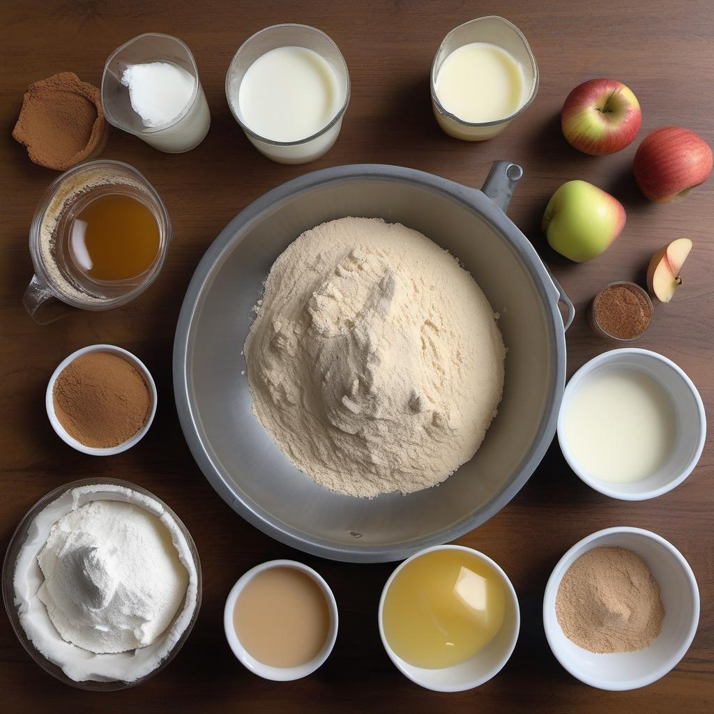 Items needed to answer the question, How do I bake a cinnamon apple cider cake. Items include:  all-purpose flour  ground cinnamon  baking powder  baking soda  unsalted butter  granulated sugar  eggs  vanilla extract  apple cider  whole milk  apples