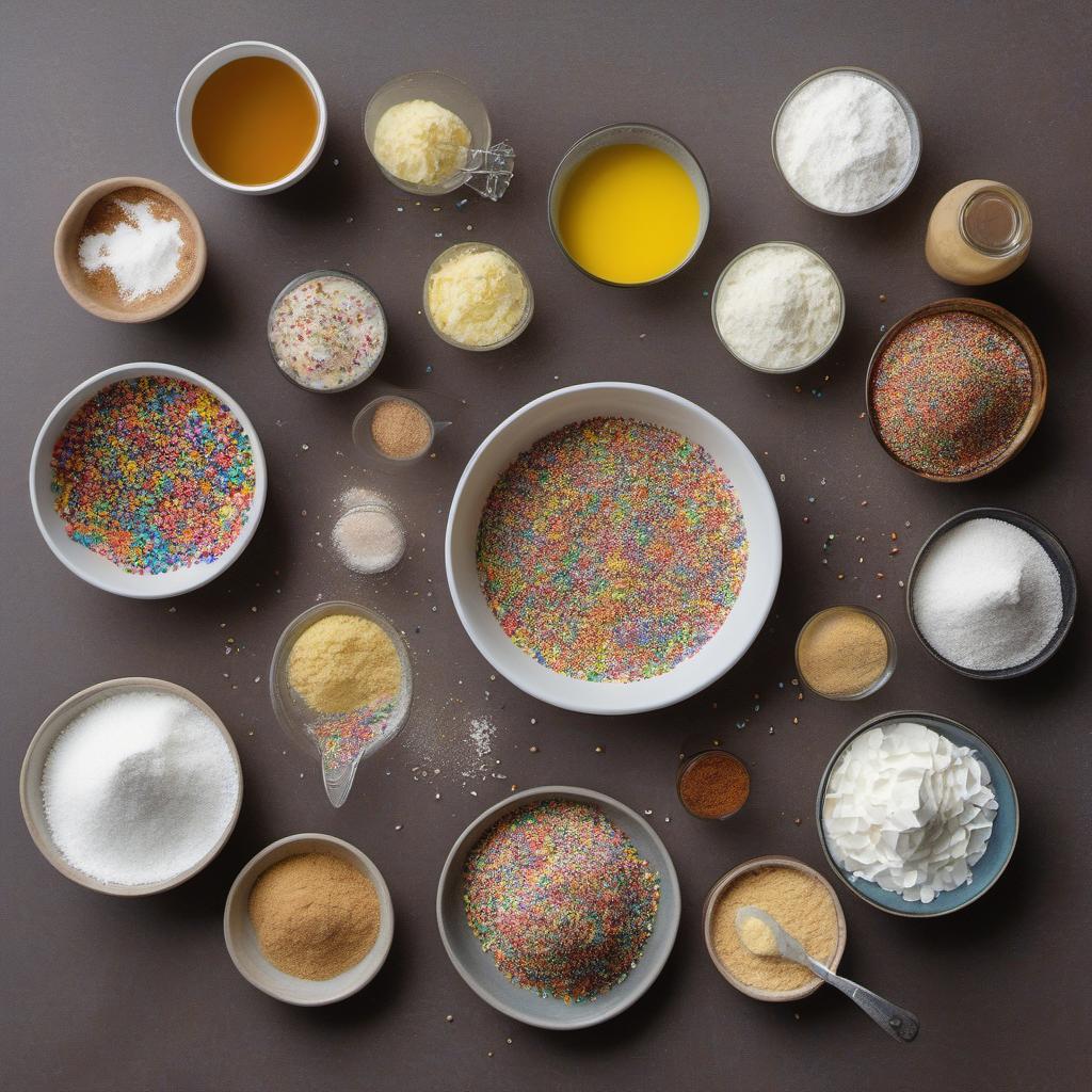 Items needed to answer the question, How do I bake Sprites Sprout Sprinkle cookies. Items include:  Sprouted flour  Butter  Brown sugar  White sugar  Vanilla extract  Baking soda  Salt  Colorful sprinkles
