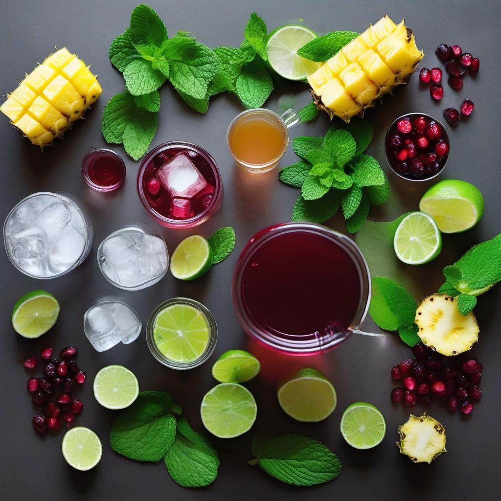 Items needed to answer the question, How do I make Eclipse Elixir Mocktails. Items include:  Cold Water  Cranberry Juice  Pineapple Juice  Lime Juice  Simple Syrup  Ice Cubes  Fresh Mint Leaves