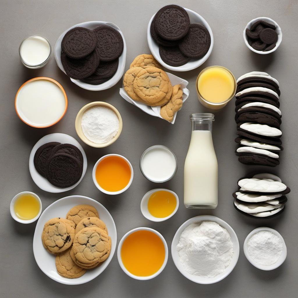 Items needed to answer the question, How do I make Orions Orange Oreo Cupcakes. Items include:  Oreo Cookies  Flour  Sugar  Baking Powder  Salt  Orange Zest  Milk  Vegetable Oil  Vanilla Extract  Orange Juice  Cream Cheese  Butter  Powdered Sugar
