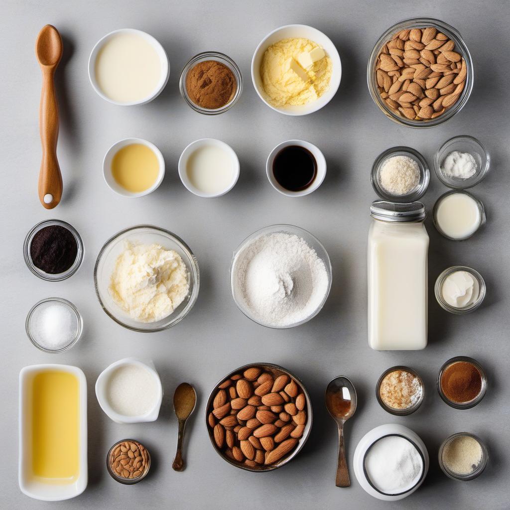 Items needed to answer the question, How do I bake asteroid almond muffins. Items include:  all-purpose flour  baking powder  salt  almond milk  butter  sugar  vanilla extract  chopped almonds