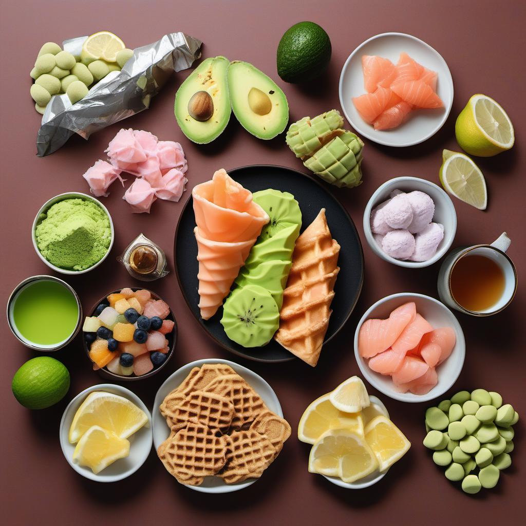 Items needed to answer the question, How do I pair Wasabi Gelato. Items include:  Wasabi Gelato  Waffle Cones  Crispy Cookies  Exotic Fruits  Smoked Salmon  Avocado  Soy Sauce  Wasabi Peas  Mochi Pieces  Lemonade  Ginger Tea