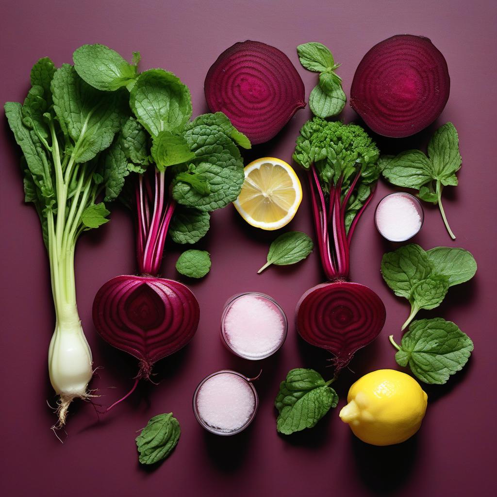 Items needed to answer the question, How do I satisfy my sweet tooth with Beetroot Sorbet. Items include:  Beetroot  Water  Sugar  Lemon  Mint leaves  Lemon zest
