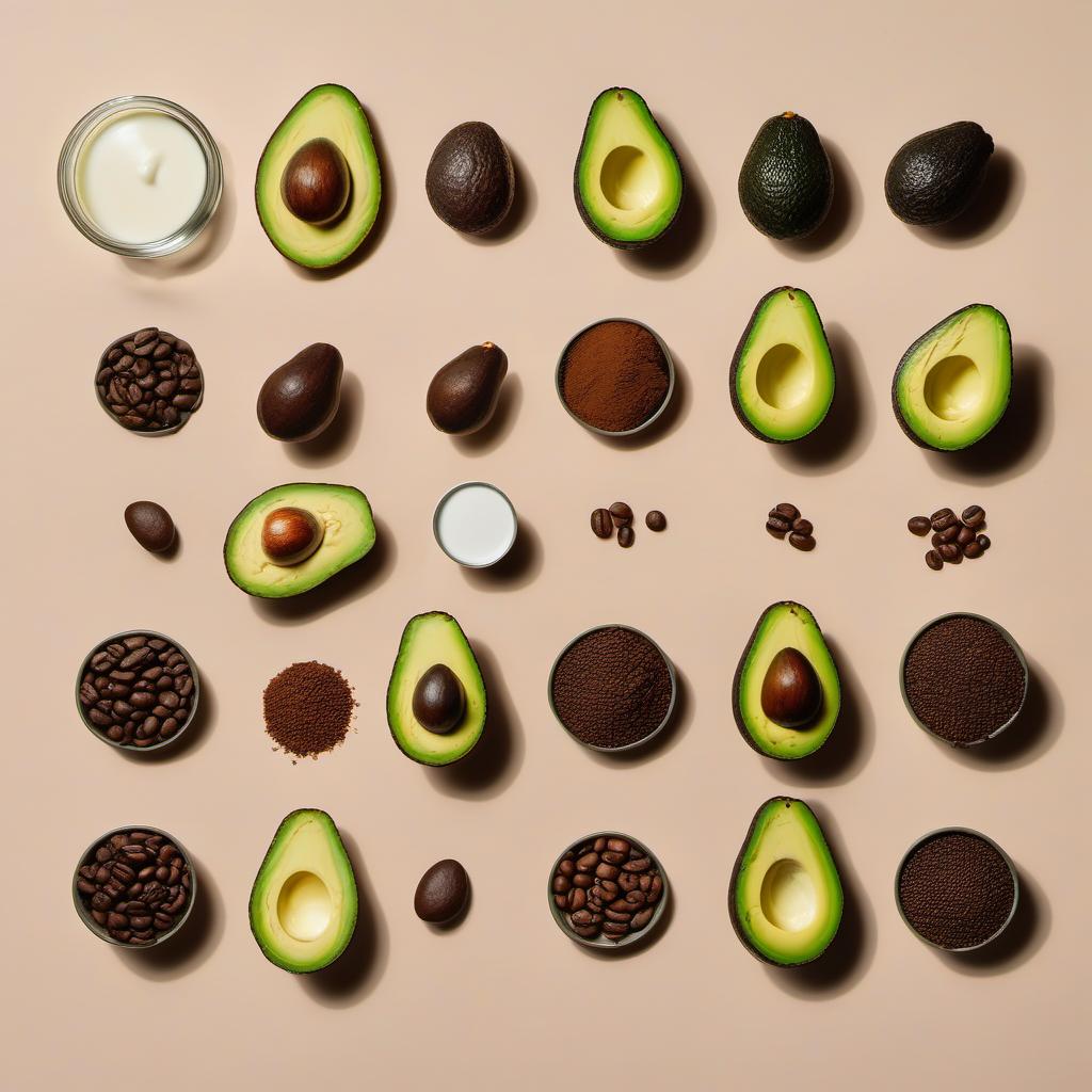Items needed to answer the question, How do I blend the perfect Avocado Coffee Avo-latte. Items include:  Avocado  Coffee Beans/Grounds  Milk