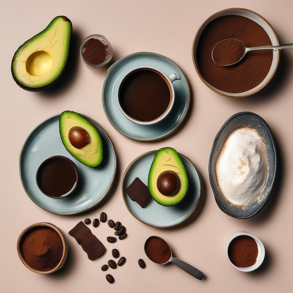 Items needed to answer the question, How do I surprise my taste buds with Avocado Coffee Avo-latte. Items include:  ripe avocado  strong brewed coffee  milk  sugar  whipped cream  cocoa powder