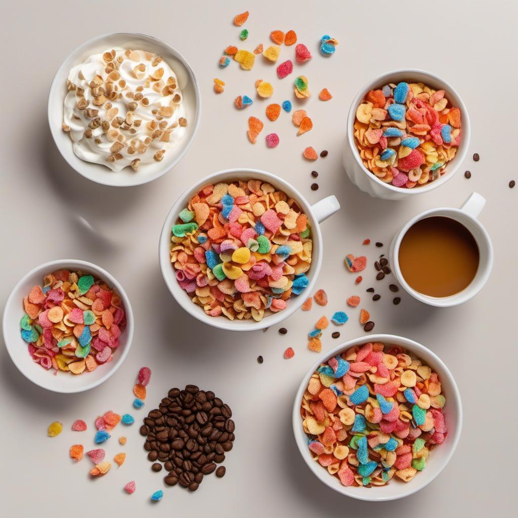 Items needed to answer the question, How do I create a Fruity Pebbles Cereal Milk Latte. Items include:  Coffee  Milk  Fruity Pebbles cereal  Whipped cream