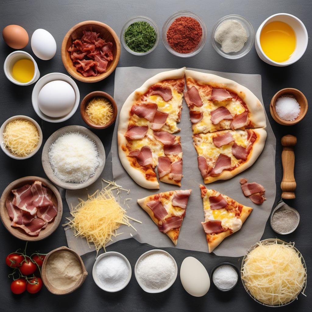 Items needed to answer the question, How do I create a fantastic Breakfast Pizza that will impress your friends. Items include:  pizza dough  bacon  eggs  cheese  salt  pepper  optional toppings