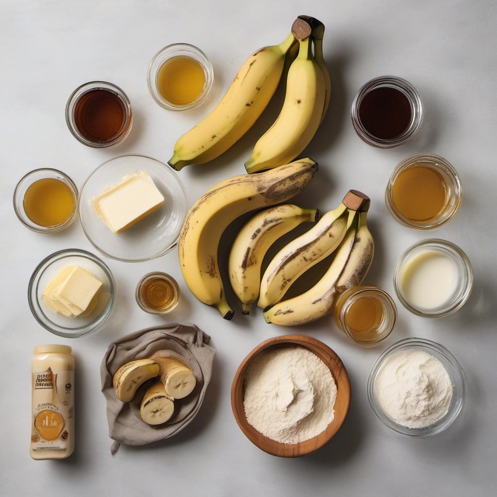 Items needed to answer the question, How do I make Fermented Banana Bread. Items include:  ripe bananas  all-purpose flour  water  active sourdough starter  butter  honey  salt  baking soda