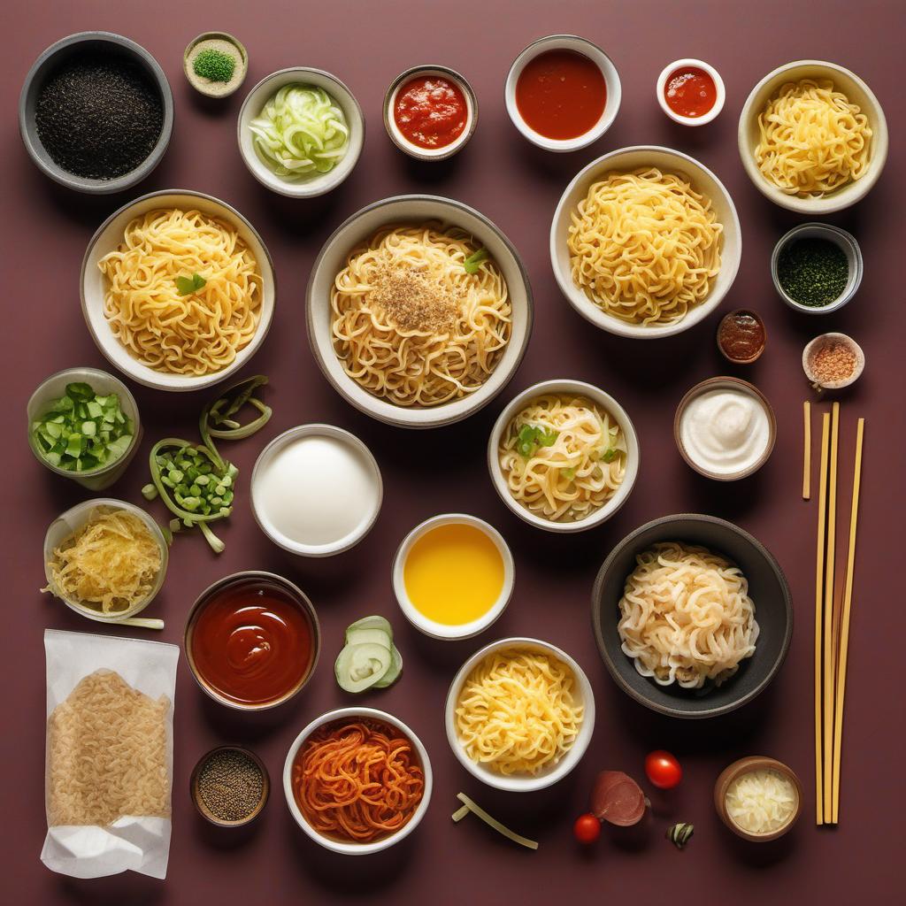 Items needed to answer the question, How do I achieve ramen noodle bun perfection. Items include:  Ramen Noodles  Desired Seasonings  Oil  Burger Patty  Toppings  Sauce